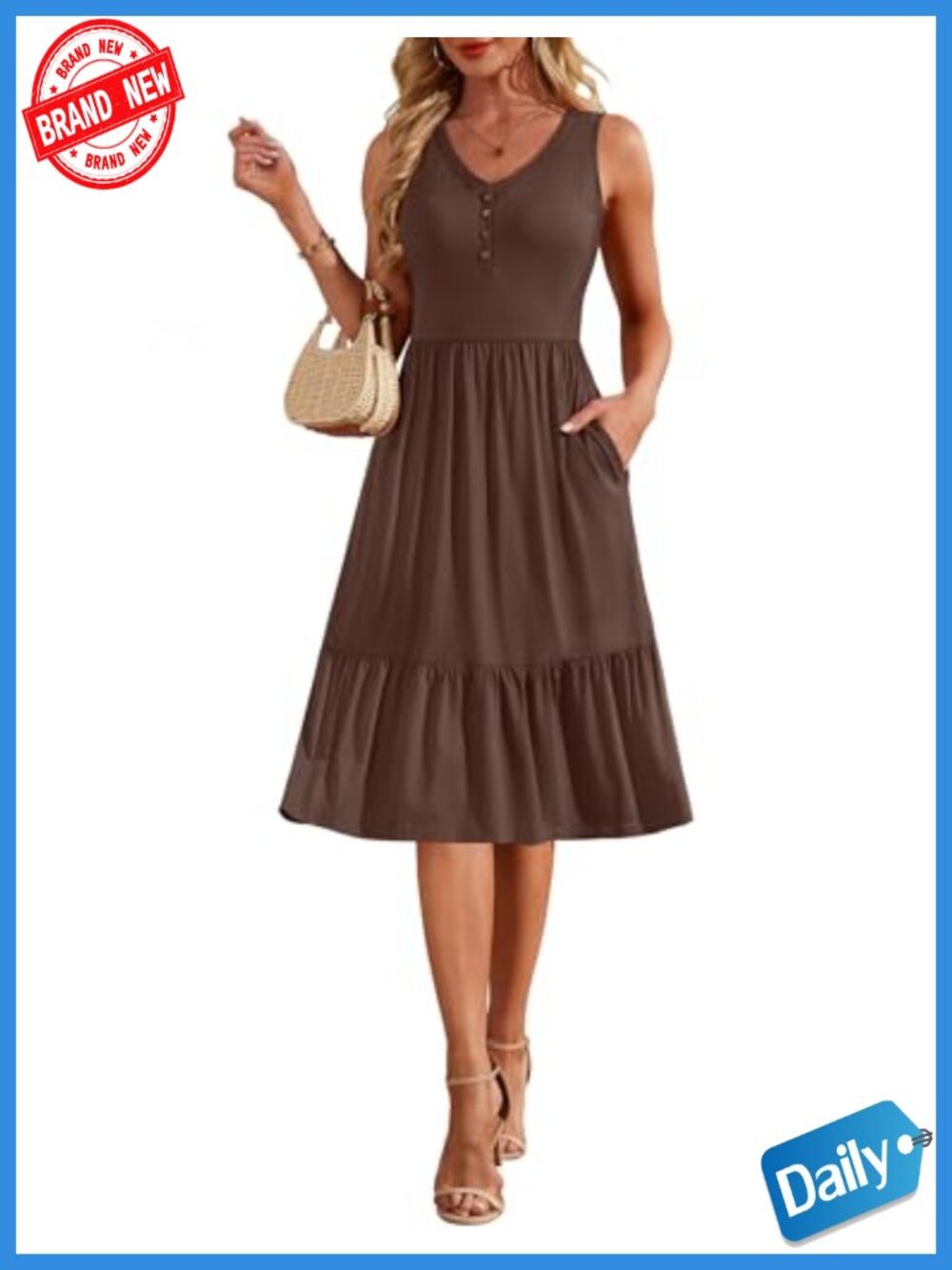 Sleeveless V-Neck Button Down Tiered Midi Sundress with Pockets